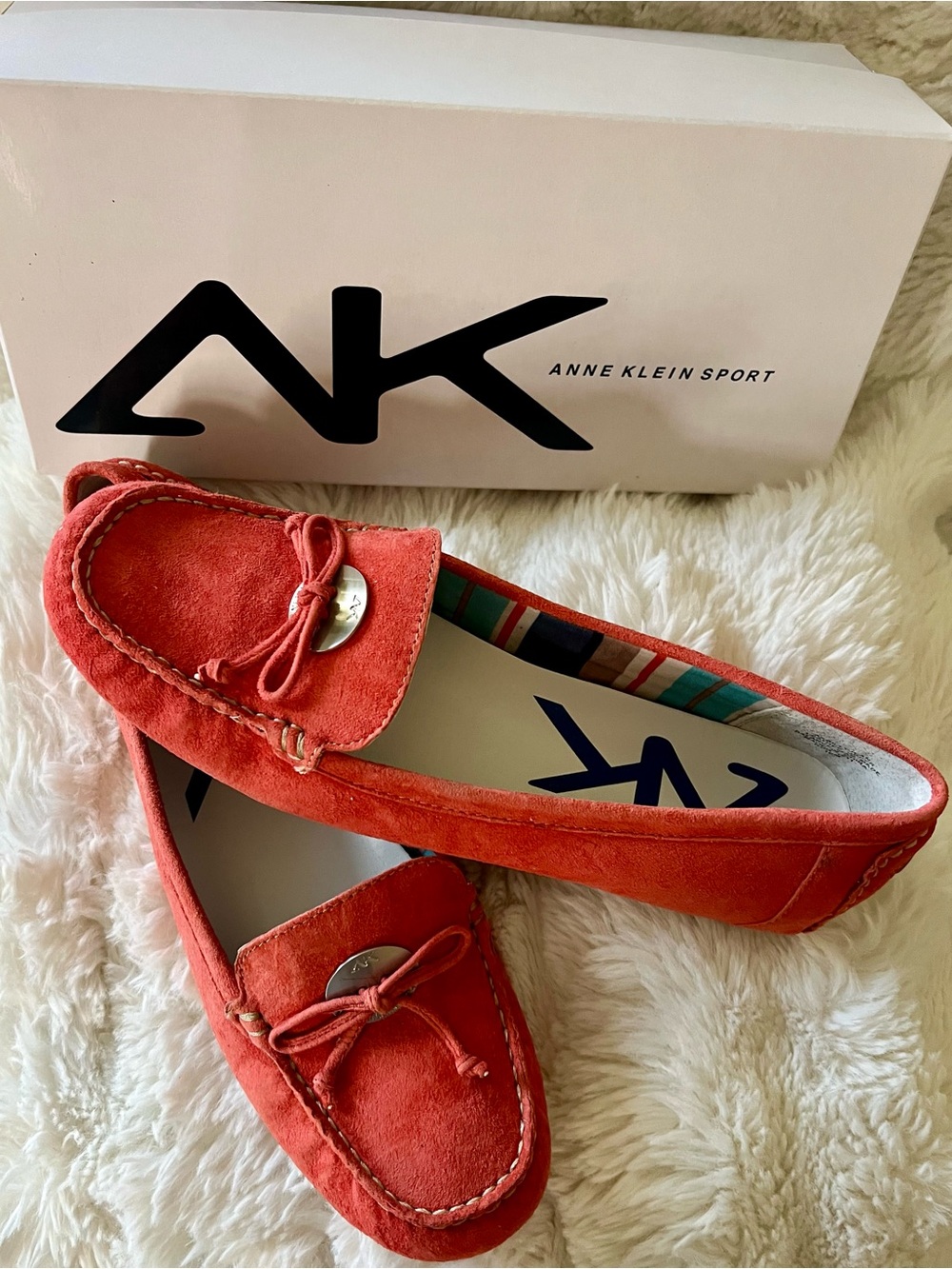 NWT Anne Klein Sport Billyjean Driving Moccasins Orange Nubuck Leather Size 10M